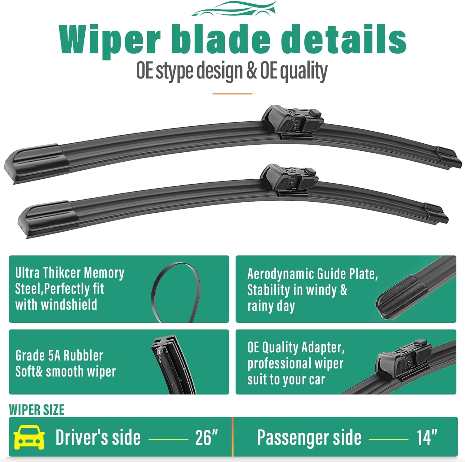 26" 14" 10" Windshield Wiper Blades Replacement for Chevrolet Chevy Trax 2015-2022 / Buick Encore 2013-2022 Premium All Weather Front Rear Wipers Set - OEM Quality (Pack of 3)