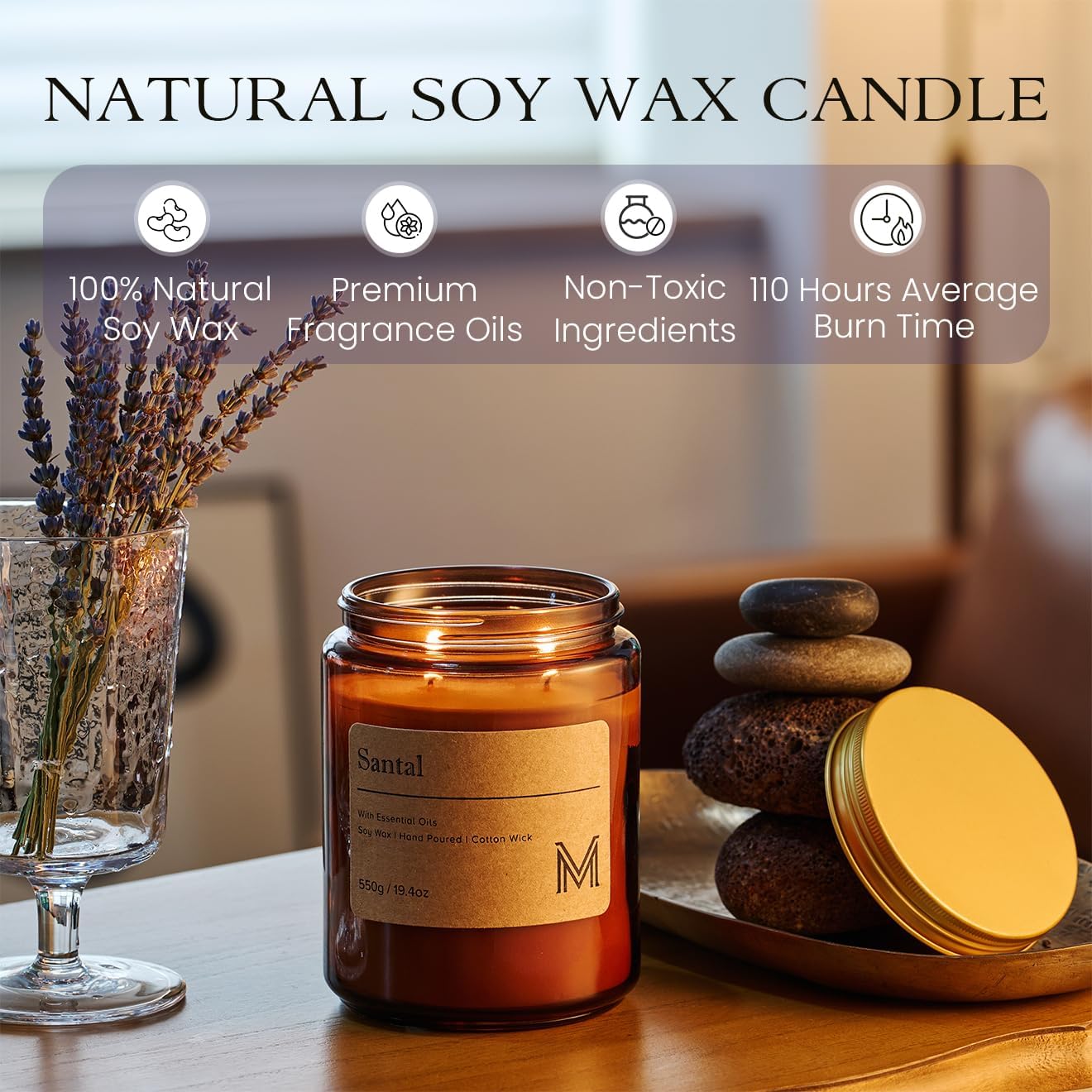 M&SENSE Santal Scented Christmas Candle Gift | 19.4oz, 115-Hour Burn | Natural Organic Soy Wax | Long-Lasting for Stress Relief and Gifting | for Christmas, Thanksgiving, Holiday - Image 4