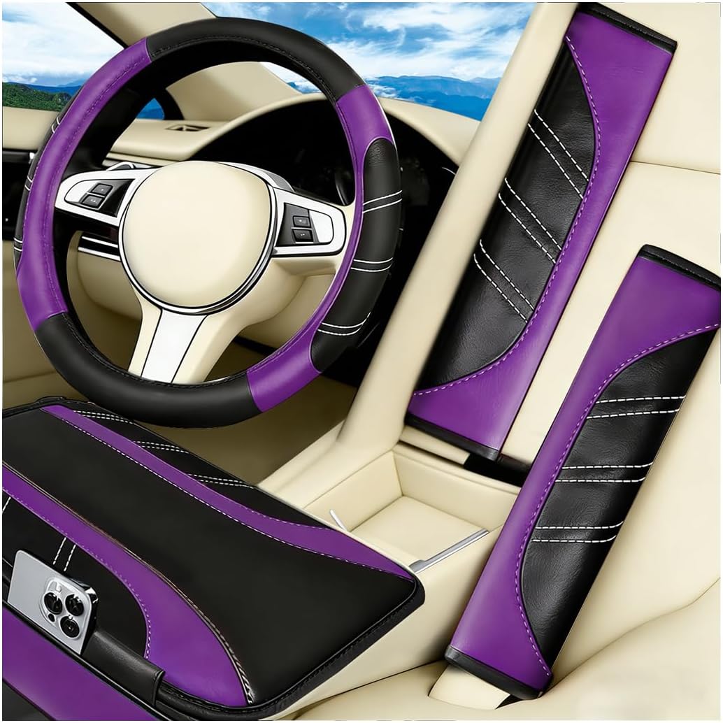 4PCS Car Accessories Set, 14.5-15 Inch Sporty Vehicle Steering Wheel Cover with Anti-Slip Lining, Automotive Interior Center Console Pad Seatbelt Cover, Universal for SUV Sedan Truck (Purple)