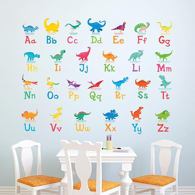 DECOWALL DW-1803 A-Z Dinosaur Alphabet Kids Wall Stickers Decals ABC Peel and Stick Removable for Nursery Bedroom Living Room Art murals Decorations