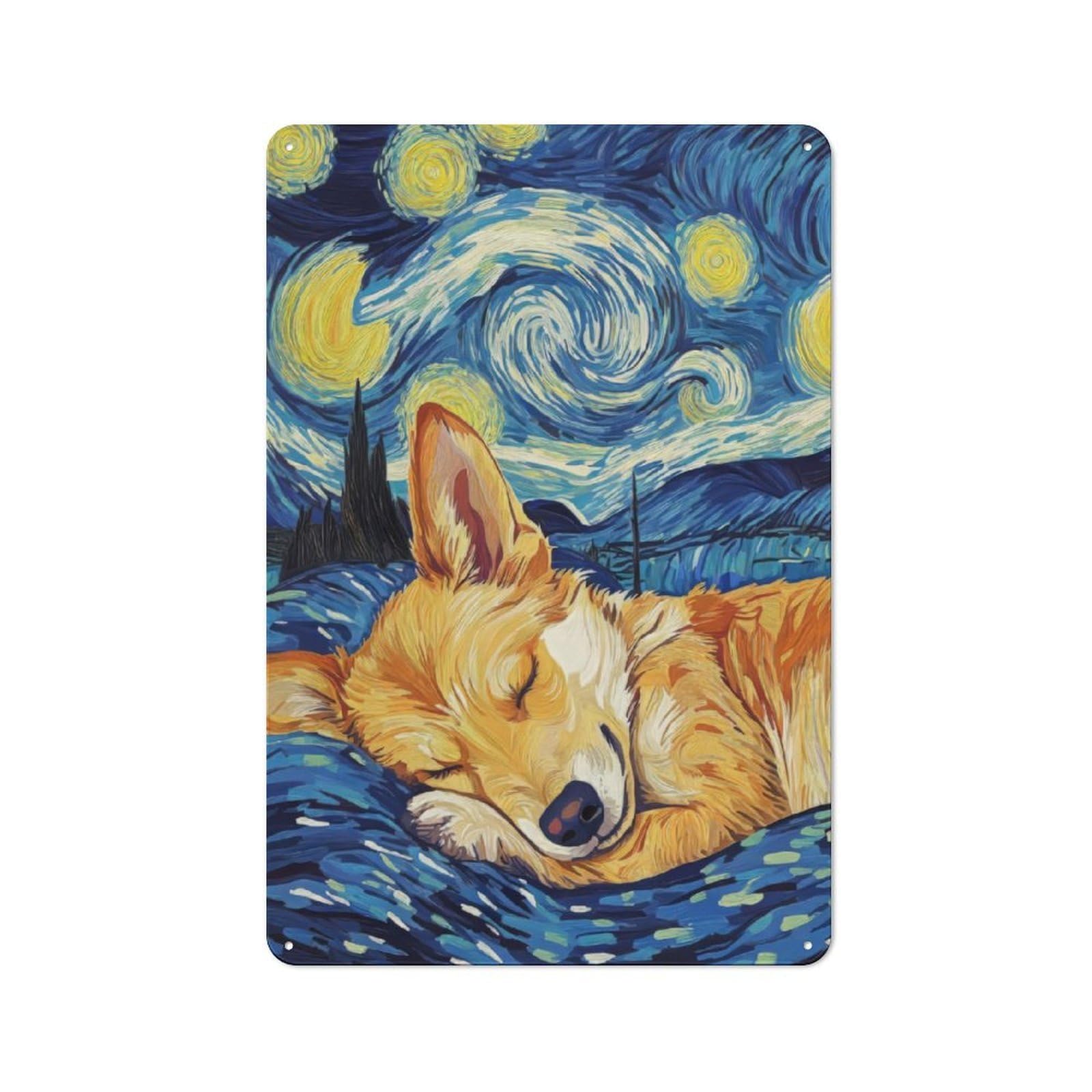 Junmoney Corgi In Starry Night Retro Metal Plaque 30X20cm For Garage Or Workshop, Housewarming Wall Decor For People Furnishing Garage And Workshop