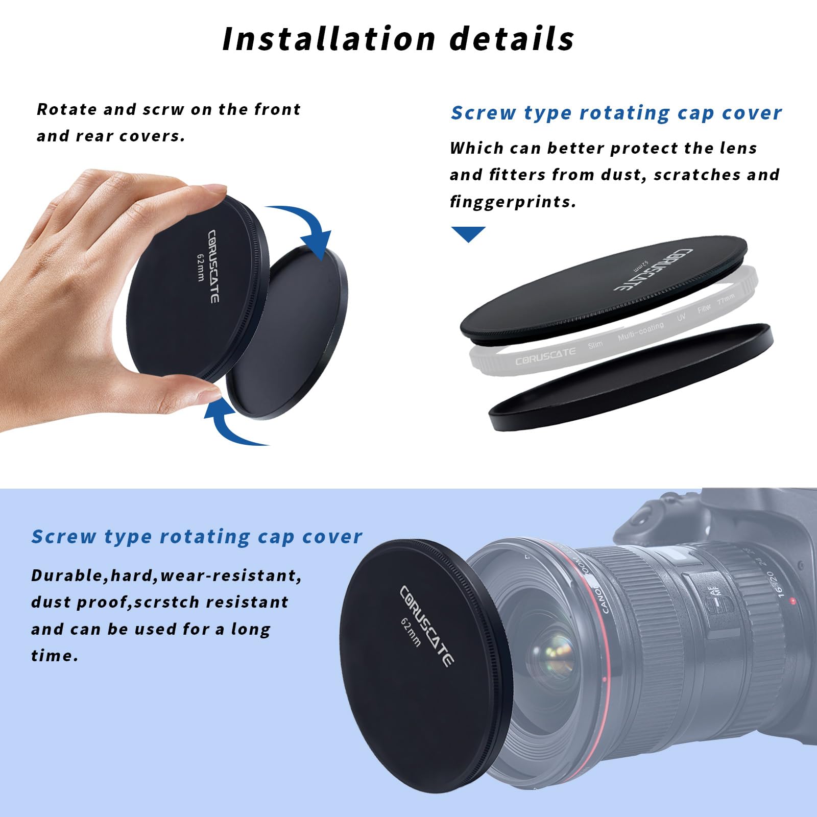 62mm Metal Filter Cap,Metal Lens Cap,Compatible with All Any 62mm with Camera Thread Lens and 62mm ND,CPL,UV Filter Accessory.(Metal Front Cover+Metal Rear Cover)+Lens cleaning cloth - Image 4