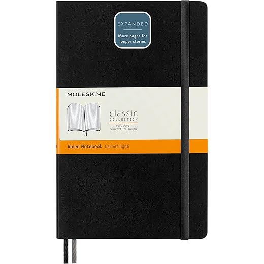 Moleskine - Classic Expanded Ruled Paper Notebook - Soft Cover And Elastic Closure Journal - Color Black - Size Large 13 X 21 A5 - 400 Pages