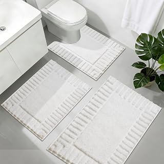 Bath Mat Sets 3 Piece Non Slip Absorbent Washable Bath and Pedestal Mat White Soft Toilet Rug Microfiber Bathroom Floor Mat