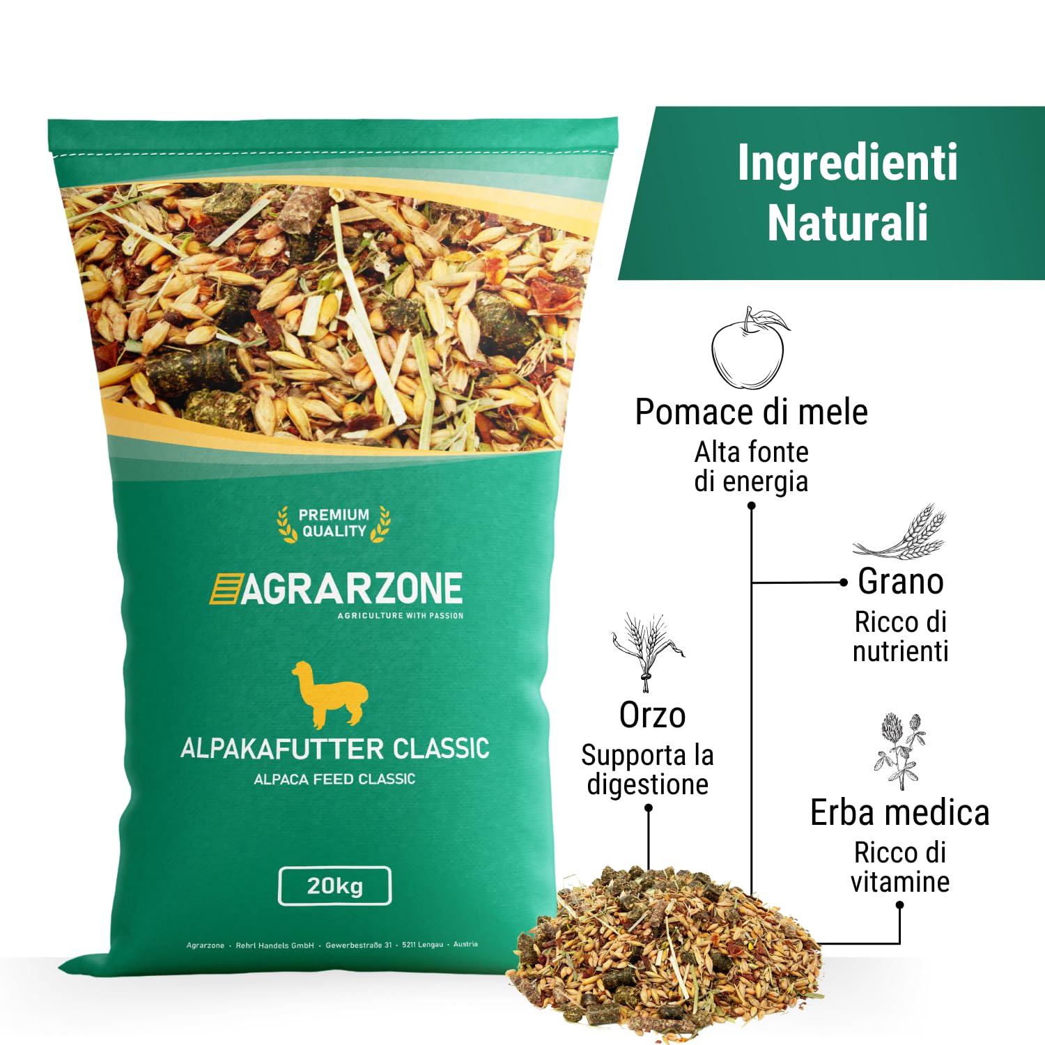Agrarzone Mangime per alpaca in muesli 20 Kg - Formula muesli 'light' a ridotto contenuto proteico - Ideale per l'alimentazione di alpaca, lama, cammelli e cavalli