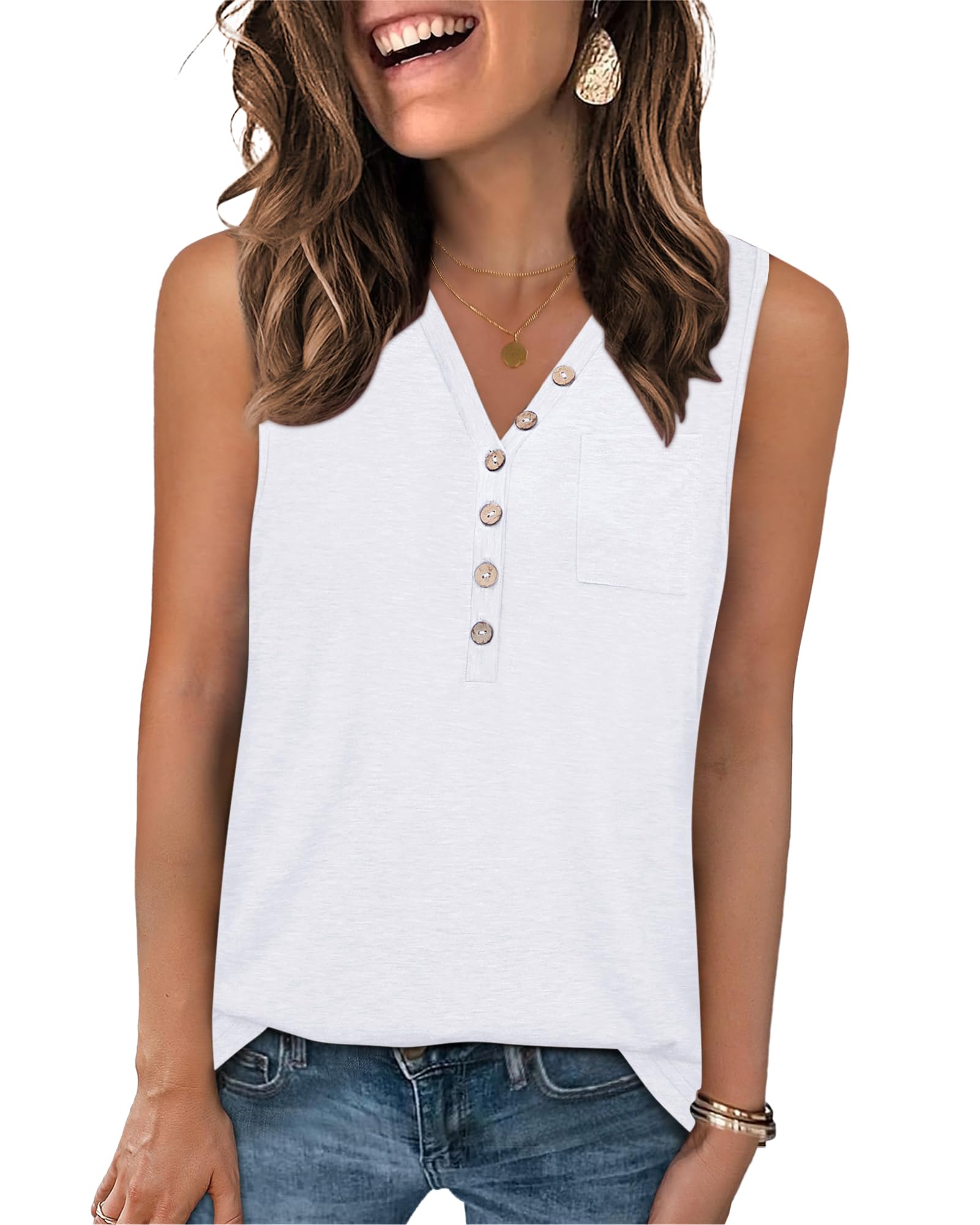 PLOKNRD Top Damen V-Ausschnitt Ärmellos Sommer Knopf Tank Top Langschnitt Oberteile