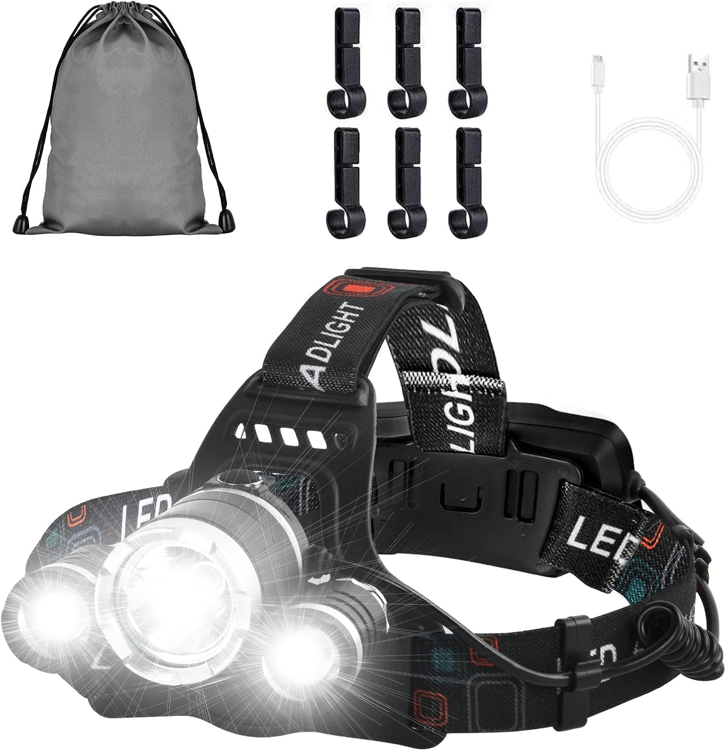 LED Rechargeable Headlamp, Super Bright IPX4 Waterproof Head Lamp, 4 Modes 3 LED Adjustable Headlamps Flashlight for Adults Camping, Running, Household Work (USB Cable, 2 Batteries Include)