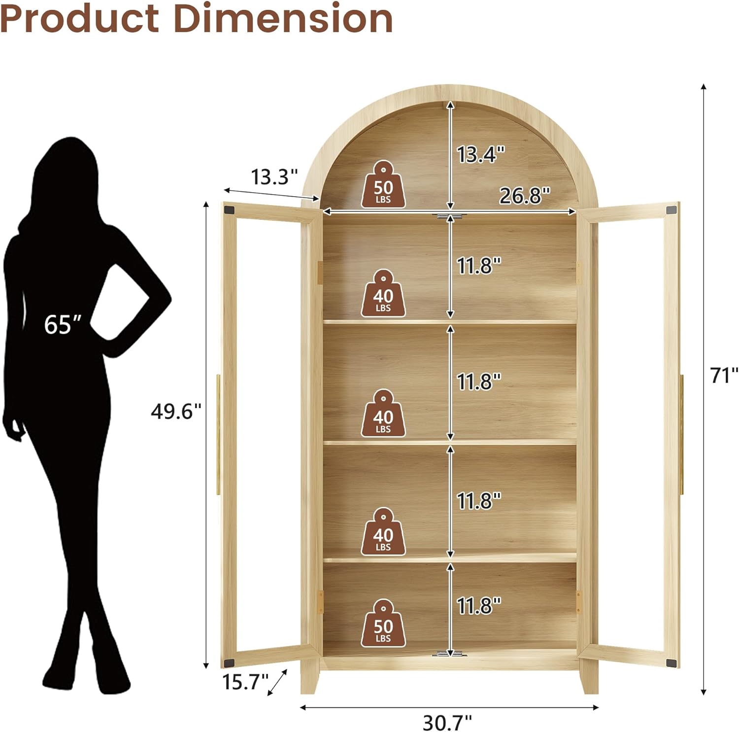 Vlsrka 71" Arched Kitchen Pantry Storage Cabinet with Glass Doors, 5-Tier Display Cabinet for Collectibles, Arched Tall Bookcase with LED Light & Human Sensor, Curio Cabinet with Ajustable Shelf