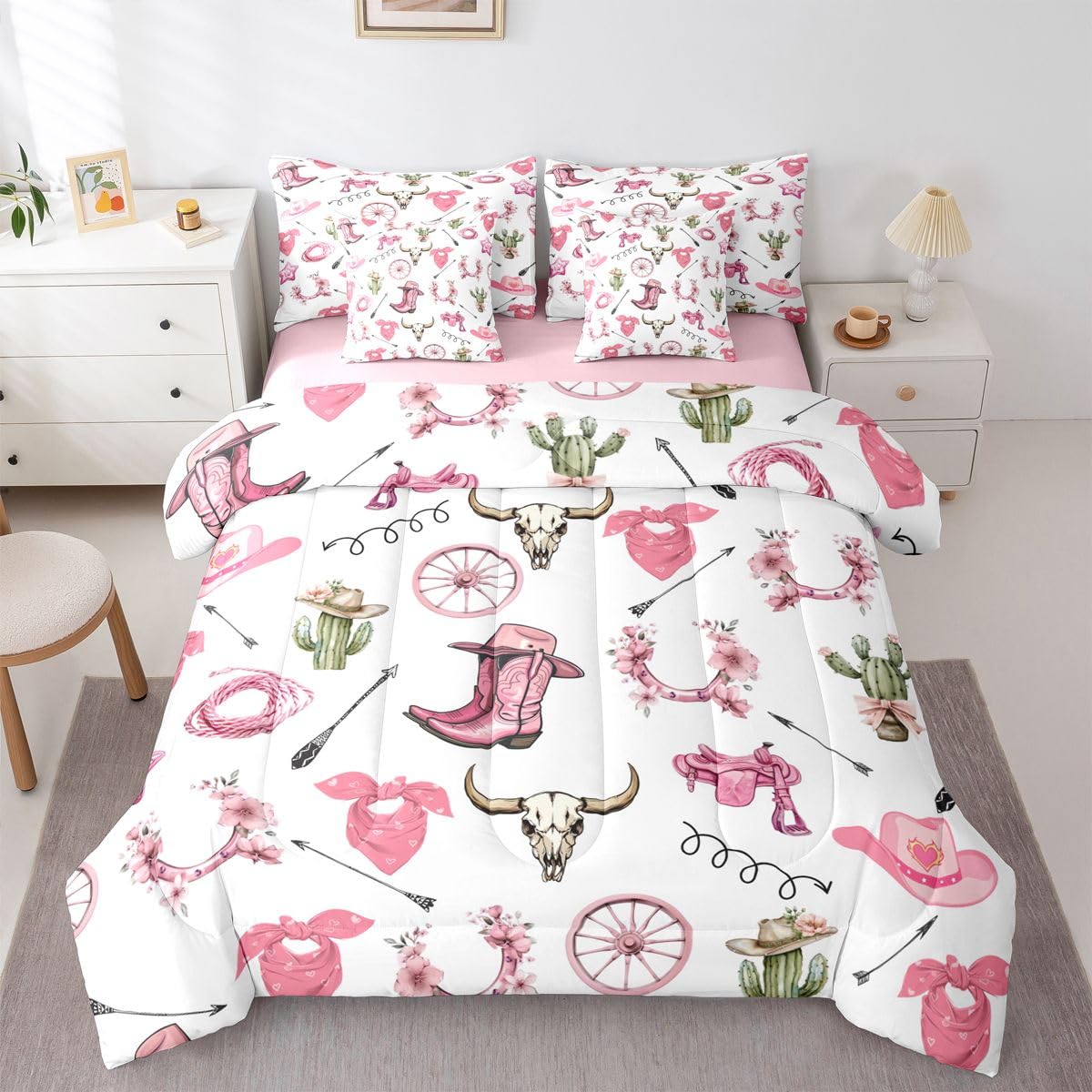 Feelyou Pink Western Comforter Set Full 7 Pieces Cowboy Boot Bedding Set for Boys Girls Steer Skull Bed in a Bag Floral Bedroom Decor Pastel Cowboy Gear All Season Quilted Breathable Soft Lightweight