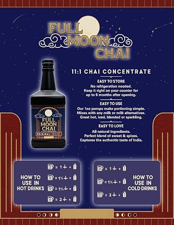 Maya Tea Full Moon Chai Concentrate, Original Classic Indian Inspired, Organic Cane Sugar, Natural Flavors, 64 Ounce with White Pump