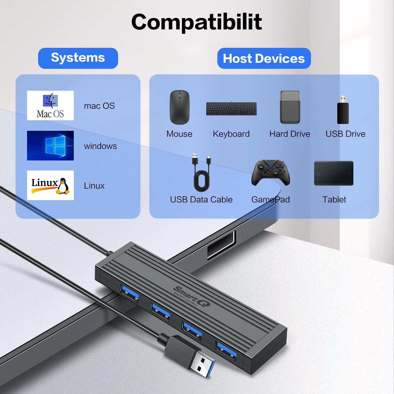 4-Port USB 3.0 Ultra-Thin Data Hub, High-Speed USB Port Expander for Laptop, MacBook, iMac, Surface Pro, XPS, Flash Drives, Mobile HDD, Printers, and More (Slim USB Hub - 4 ft)