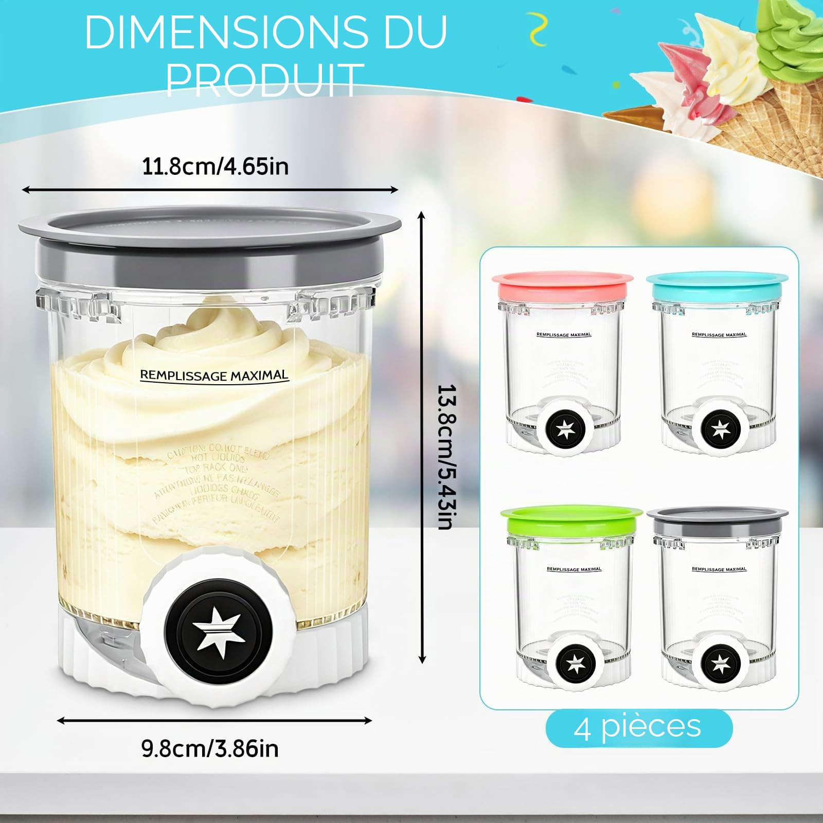 Pot pour Ninja Swirl by Creami,avec Couvercles Étanches,4 Pièces 480ml pot ninja creamy swirl,po-t ninj-a creamy deluxe,pour Ninj-a Creami NC701EU NC700,Bacs à Crème Glacée,Sans BPA, Lave-Vaisselle