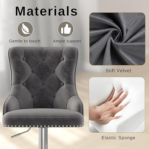Miniatura 5 de Juego de 2 taburetes de bar de terciopelo con anillo giratorio de león para encimera de cocina, taburetes de bar tapizados con cabeza de clavo, Gris