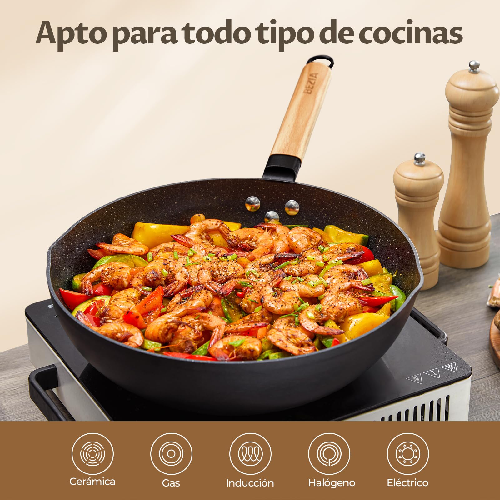 BEZIA Wok de inducción con tapa, sartén antiadherente de 30 cm