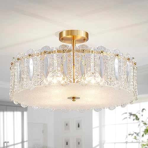 Vista 7 de AGV LIGHTING Elegante lámpara de techo de cristal, lámpara de techo grande semiempotrada, iluminación moderna vintage para dormitorio, sala de Latón