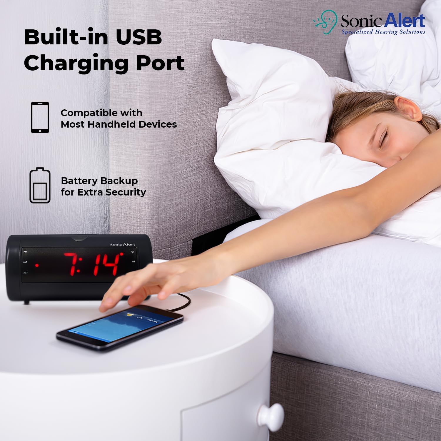 Sonic Blast Digital Alarm Clock – Loud Alarm Clock for Heavy Sleepers – Bedside Alarm Clock – Android & iOS Compatible - Bluetooth Speaker, USB Port – AUX Compatible