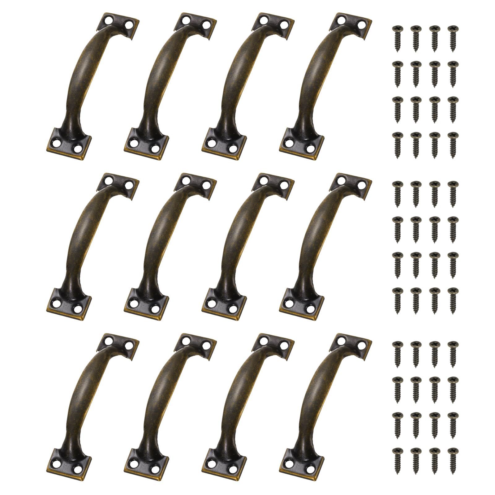 sourcing map 12 Pcs Door Handles, 98mm/3.9-inch Hardware Handle Pull with Screw Vintage Drawer Pulls Metal Curved Gate Handles for Furniture Cupboard Dresser Drawer Wardrobe, Green Bronze