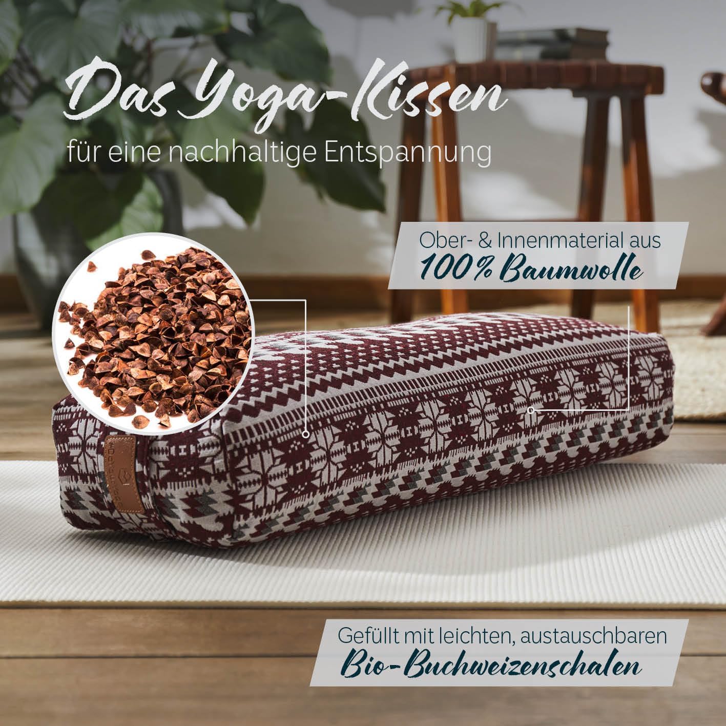 #DoYourYoga Yogabolster »Paravati« 67cm x 13cm | Gefüllt mit Bio-Dinkelspelz (KBA) oder Bio-Buchweizenschalen (KBA) | Yogakissen mit waschbarem Bezug | Sitzkissen & Zafukissen für Yin Yoga