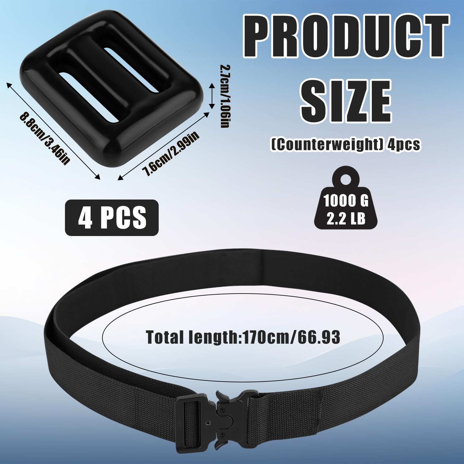 PEUTIER Lot de 4 poids de plongée avec ceinture de plongée, 1 kg, ceinture de poids de plongée avec boucle à dégagement rapide en métal, accessoires de plongée pour plongée libre