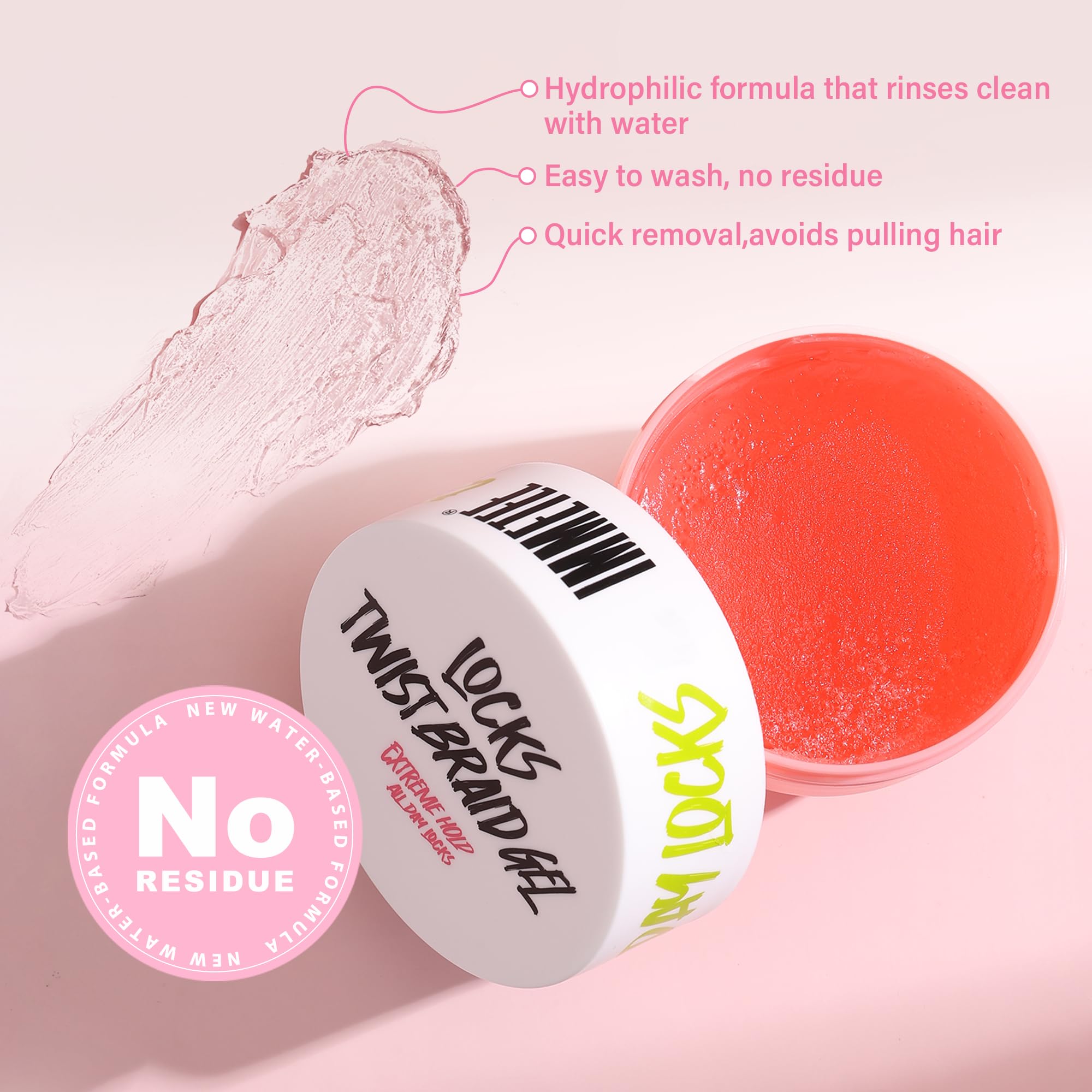 immetee Gel para Trenzas, Gel para Torcer y Marcar con Fijación Todo el Día, Control de Bordes para Cabello Afro, Cera Antifrizz para Cabello con Cepillo Aplicador (Rosa 150g)