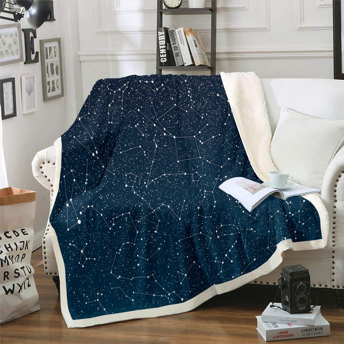 Tbrand Galaxy Sherpa Starry Sky Constellation Fleece Throw Blanket Dark Blue Outer Space Theme for Sofa Couch Bed Decor Lightweight Milky Way Warm Fuzzy Single 50"x60"