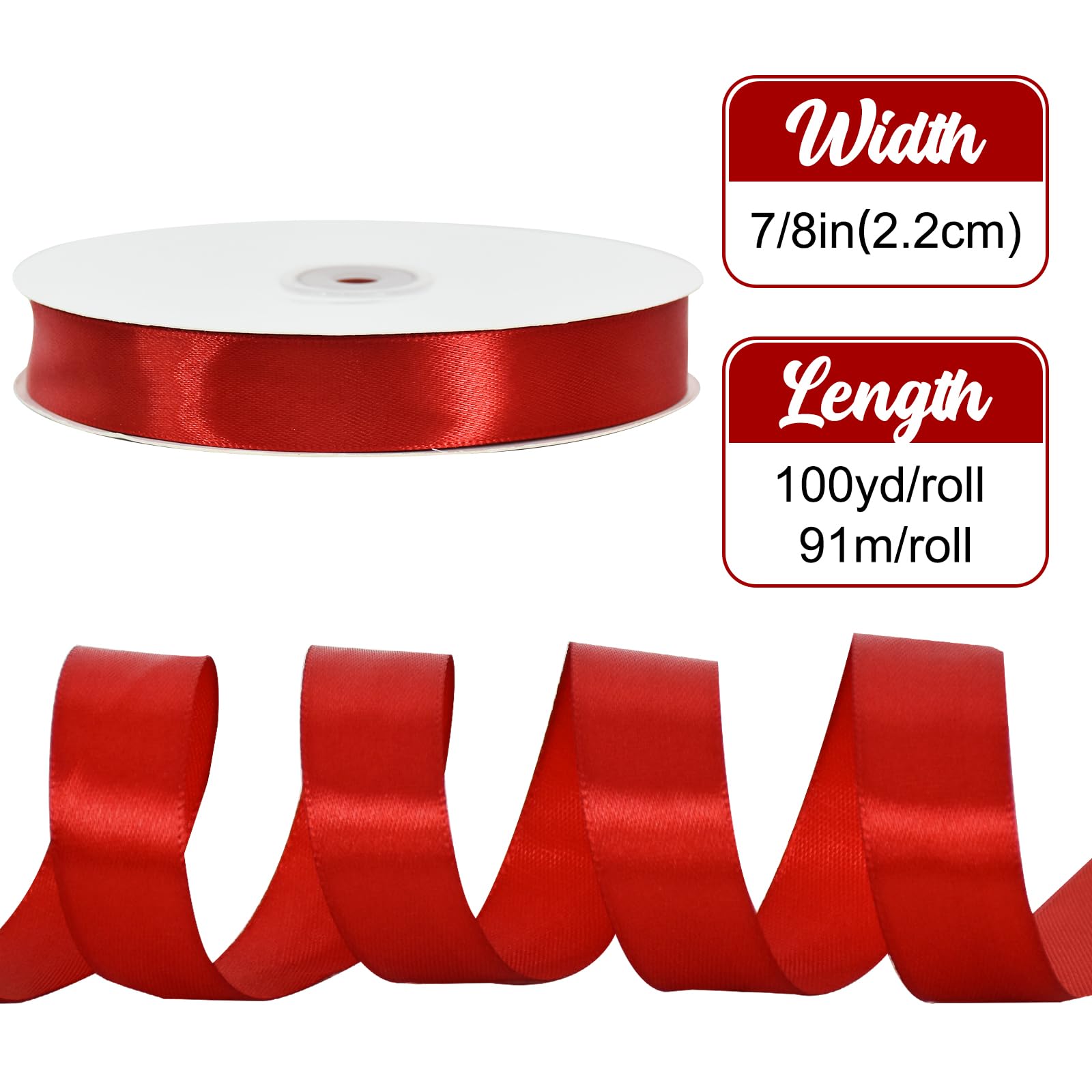 TONIFUL 7/8 Inch x 100yds Red Satin Ribbon Thin Solid Frabic Ribbons for Gift Wrapping DIY Crafts Bows, Invitations - Image 2