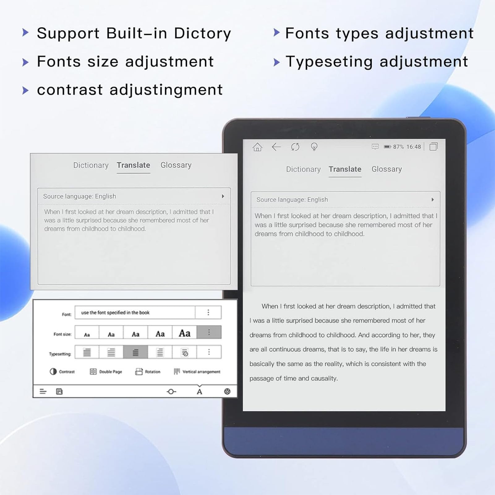 E Lettore Touchscreen, Lettore di Ebook da 6 Pooks Integrato in 3 GB di RAM 32 GB ROM, 198ppi, Leggero Leggero Regolabile E Tablet di Carta Sopport Wifi Ble, con Supporto a Slot