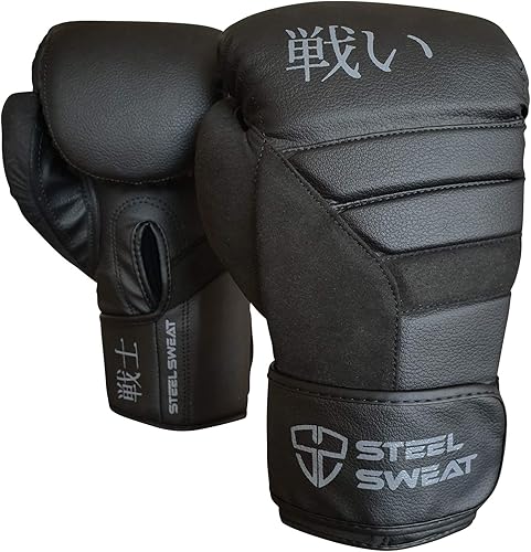 Steel Sweat Guantes de boxeo – Guantes de entrenamiento para boxeo, sparring, kickboxing y Muay Thai – Hombres y mujeres – Senshi Black 10 oz