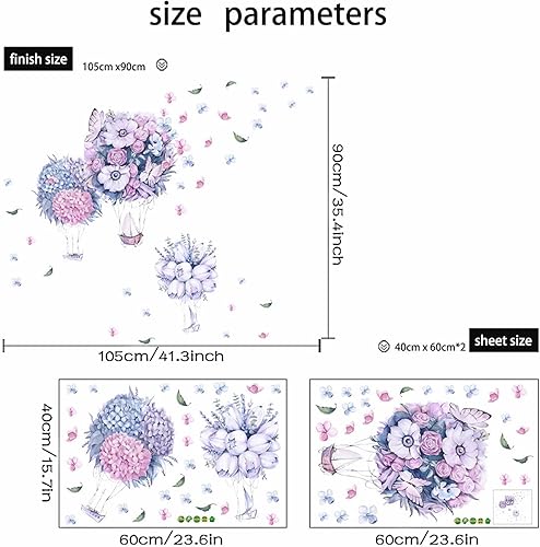 Miniatura 3 de Pegatinas de pared de globo aerostático de peonía rosa, rosa, azul, morado, pétalos de mariposa, arte floral, calcomanías de pared removibles de