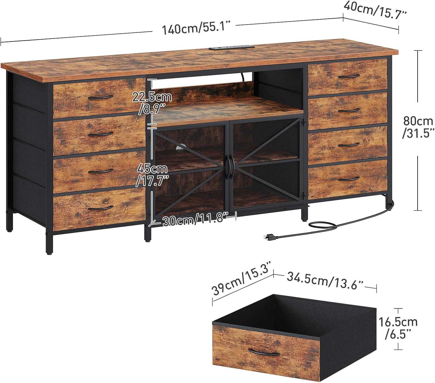 RALGEND 55" TV Stand for Living Room, LED Small Entertainment Center with Power Outlet, 8 Storage Drawers Media Console for 43/50/60 Inch TV, Farmhouse TV Stands Furniture, Rustic Brown