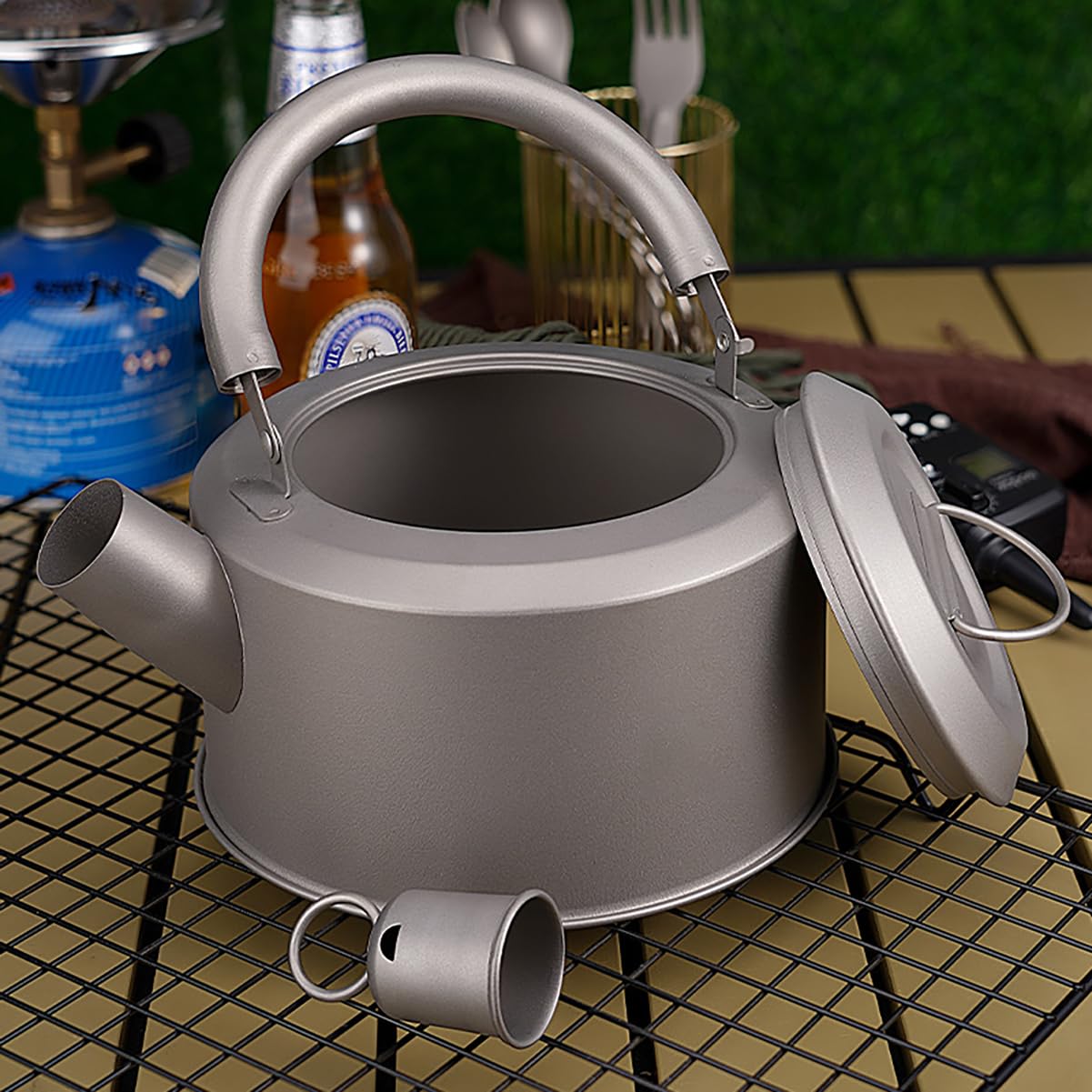 Tetera de titanio, hervidor portátil de camping con tapa de filtro, 1200 ml, utensilios de cocina al aire libre