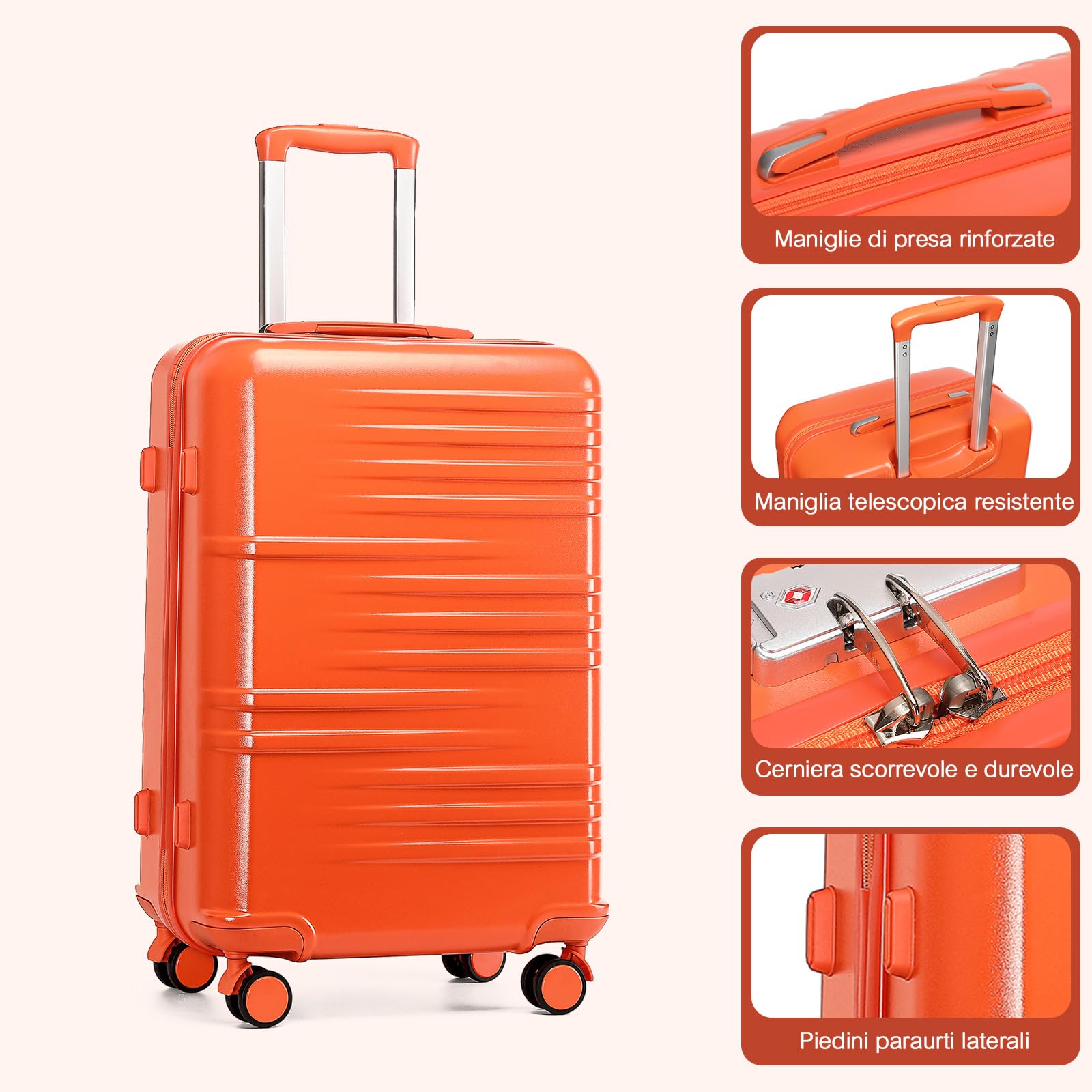 British Traveller Valigia con Ruote 64cm Trolley Rigida Trolley Medio con TSA Lucchetto, Arancione