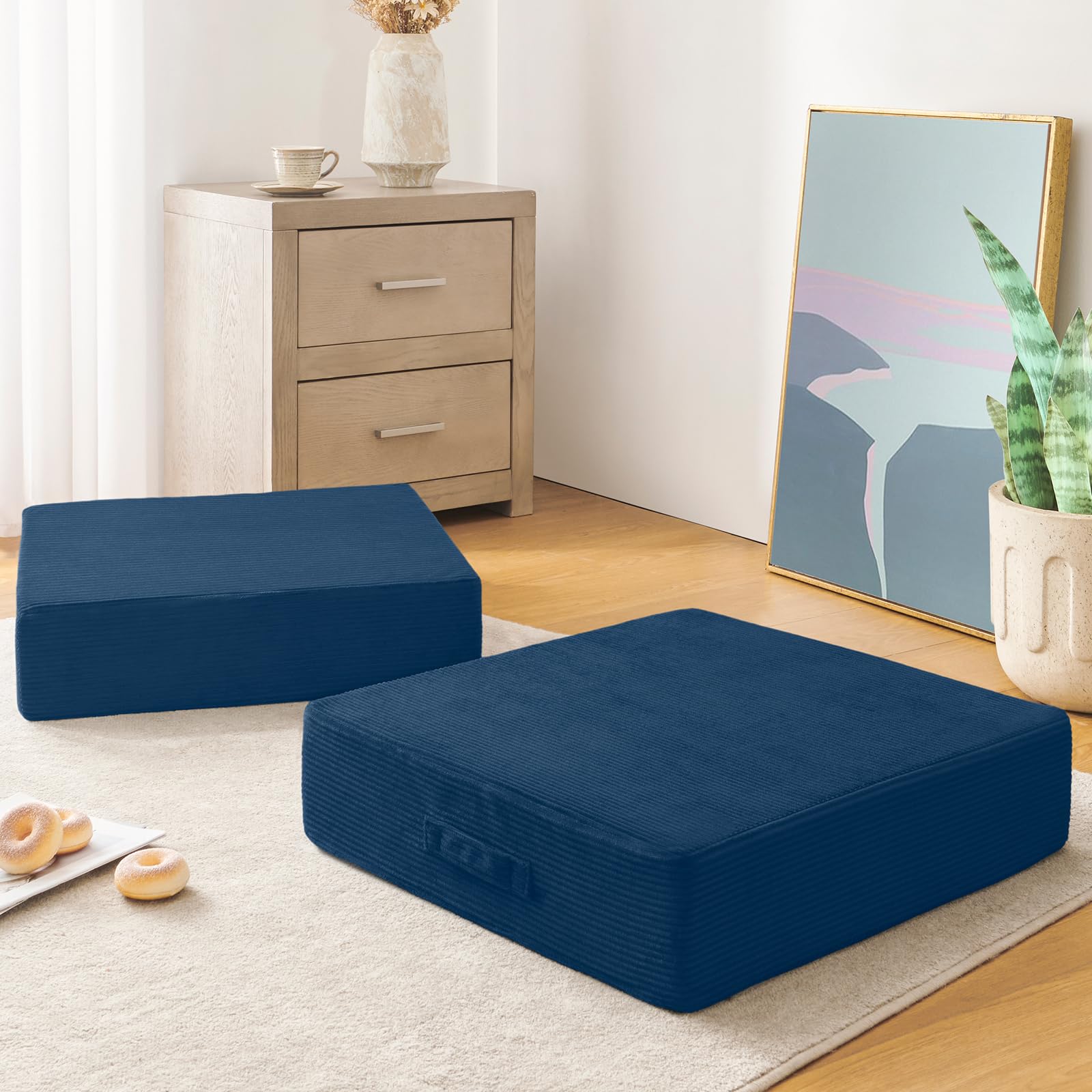Wellsin Solid Square Floor Pillows for Adults Kids - Large Meditation Floor Pillow Seating Cushion with Thick Memory Foam & Washable Velvet Cover, 2 Pack, 22x22x5 Inch, Navy Blue
