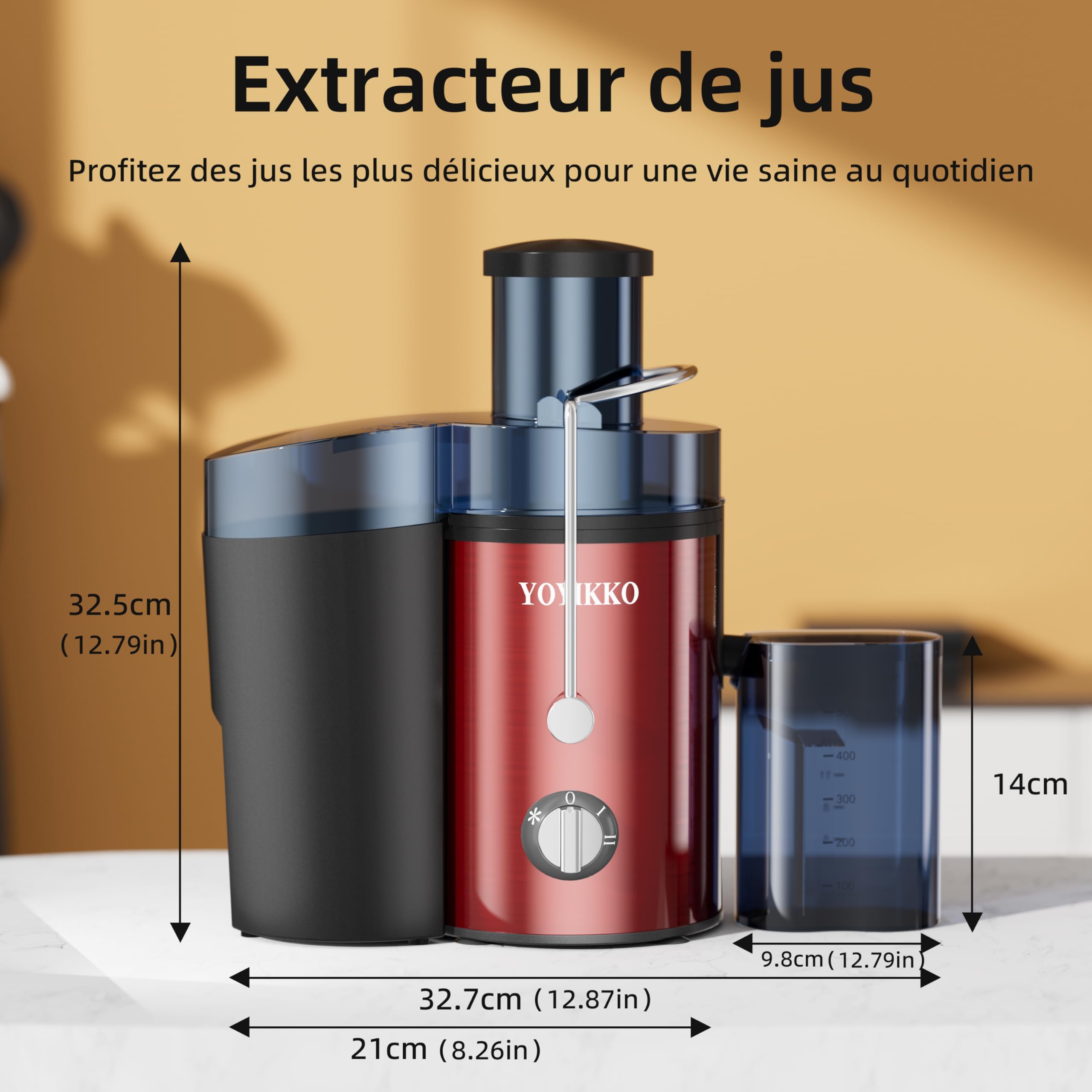 Centrifugeuse Extracteur de Jus, 3 vitesses, extracteur Frutta e Verdura 800W avec bouche de 75 mm de large, facile à nettoyer, acier inoxydable sans BPA (Rouge-60)