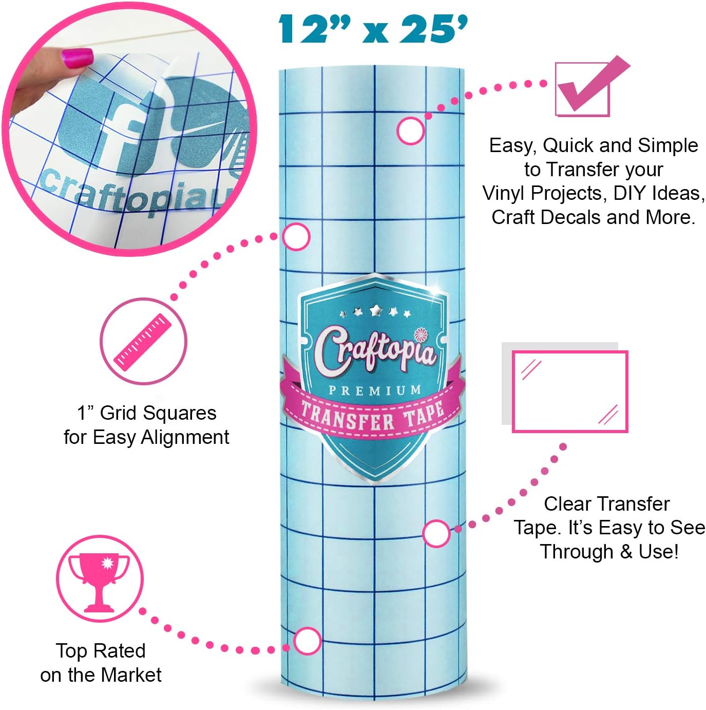 Craftopia transfer paper tape roll 12 inch x 25 feet clear with blue alignment grid, 8 bonus feet perfect for cricut cameo self adhesive vinyl for signs stickers decals walls doors windows