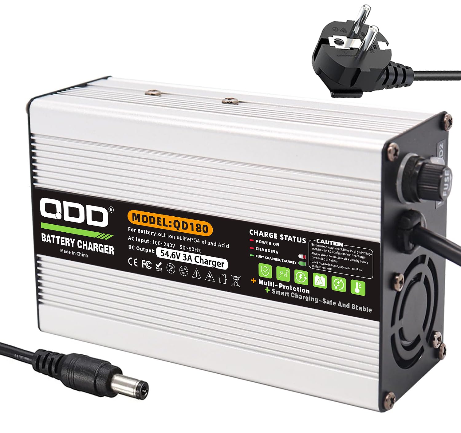 QDD 54,6 V 3 A ładowarka litowo-jonowa, srebrna obudowa aluminiowa z wentylatorem chłodzącym do 13S 48 V 10 Ah 15 Ah 20 Ah 30 Ah 40 Ah akumulator litowo-jonowy z 5 wtyczkami