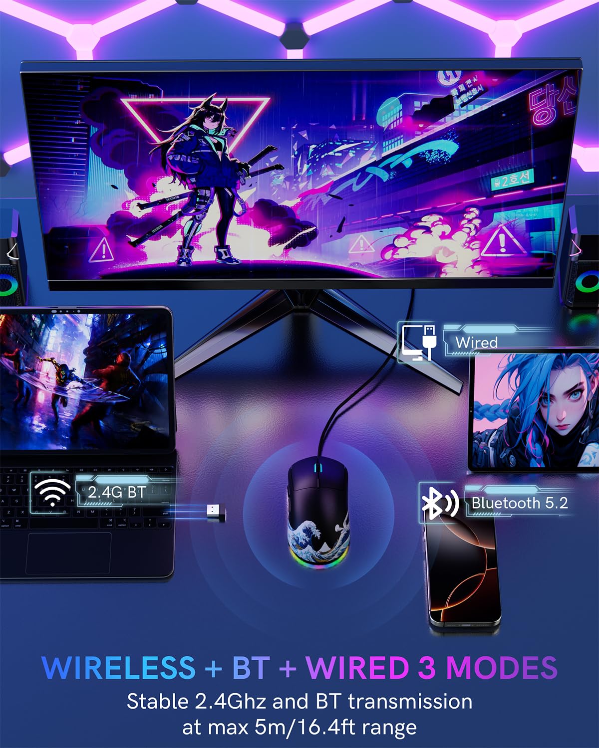 G57 Kabellose Gaming Maus, 8000 DPI 80g 2.4G/Bluetooth/USB-C Wiederaufladbare Kabellose Maus mit 5 Programmierbaren Tasten für PC/Mac, Schwarz