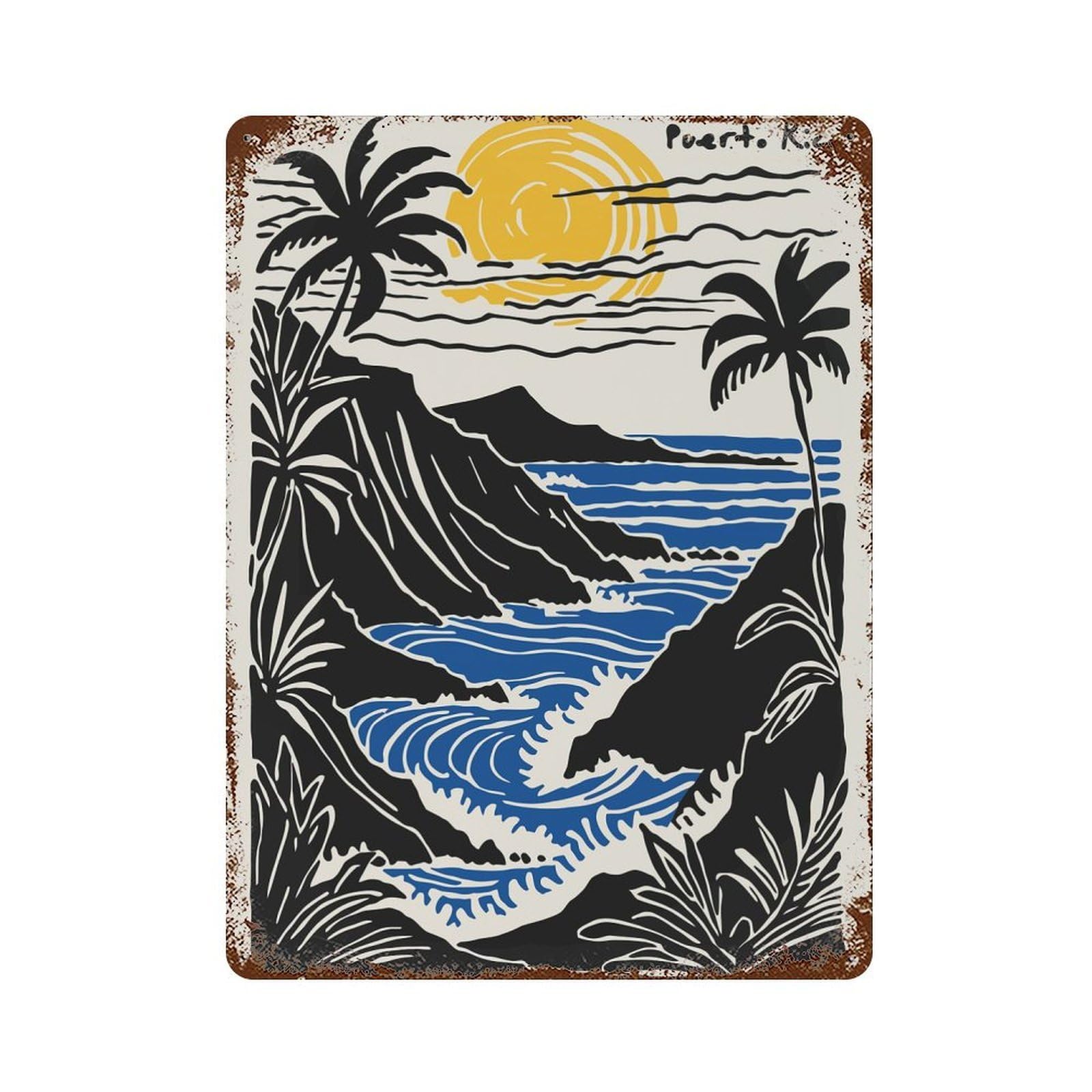Puerto Rico Coastal Landscape Art Rust Effect Tin Sign 15.7"x11.8", Retro Wall Decor for Pub, Kitchen And Man Cave Decor