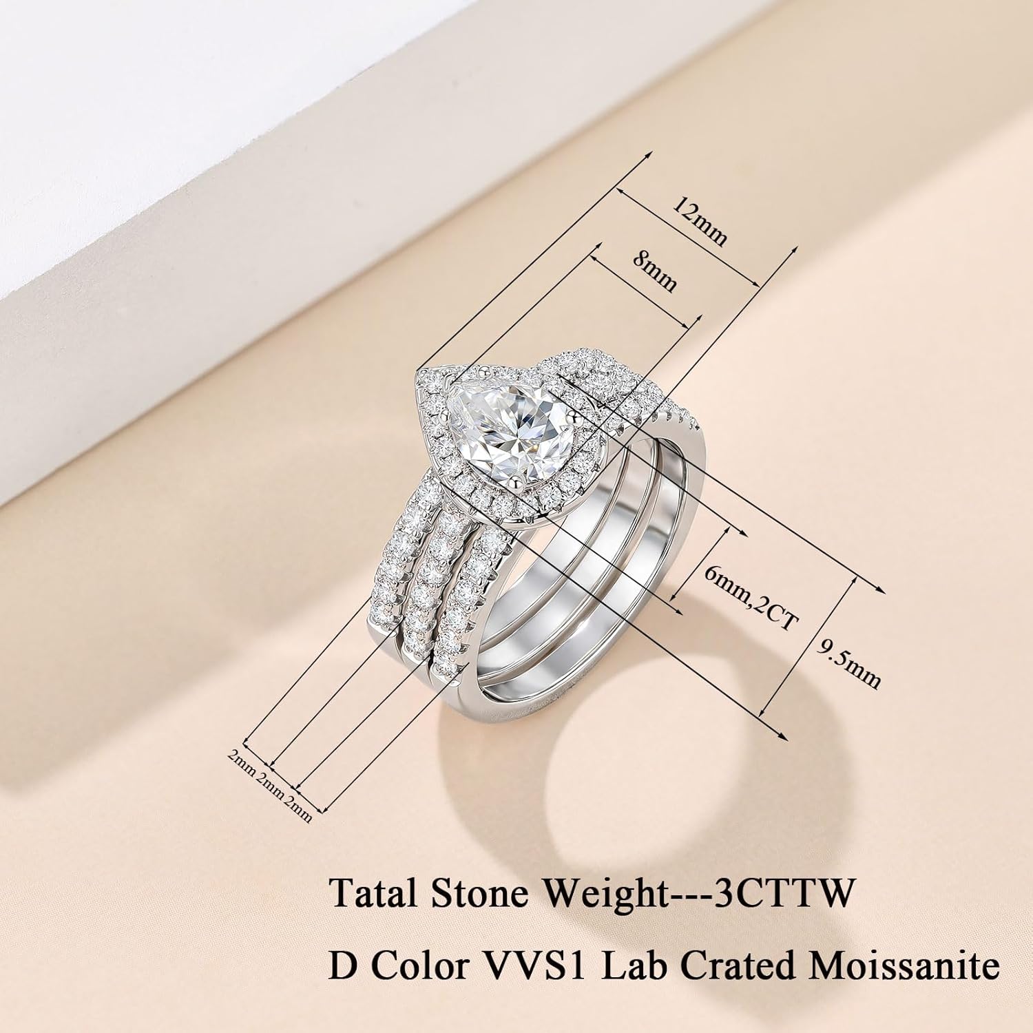 Pear Cut Moissanite Bridal Set 2 Carat 3-Piece Sterling Silver Engagement Ring and Wedding Band for WomenSZ 5-10