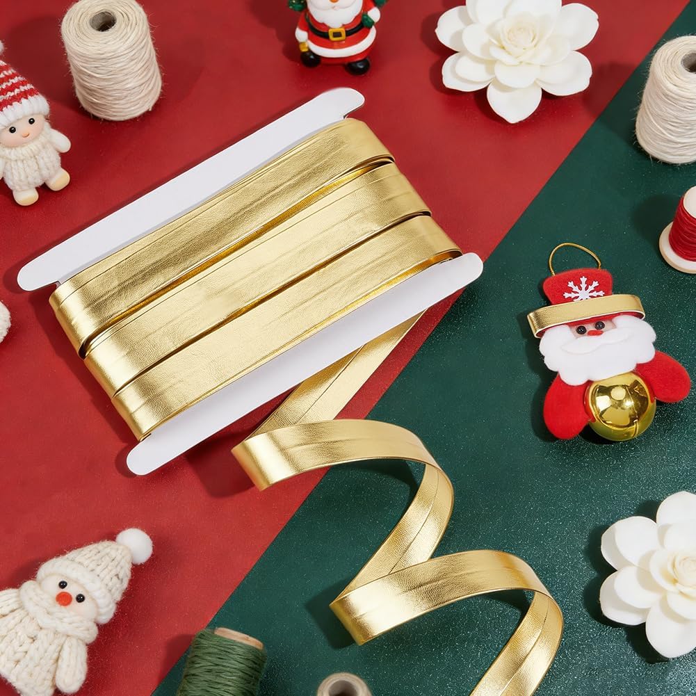PH PandaHall 10.9 Yards Gold Leather Trim 1 Inch Wide Fold Over Ribbon Metallic Flat Strips Double Sided Strap Golden Webbing Tape Ribbon Bag Edge Strap for DIY Garment Sewing Belting Crafts Decor