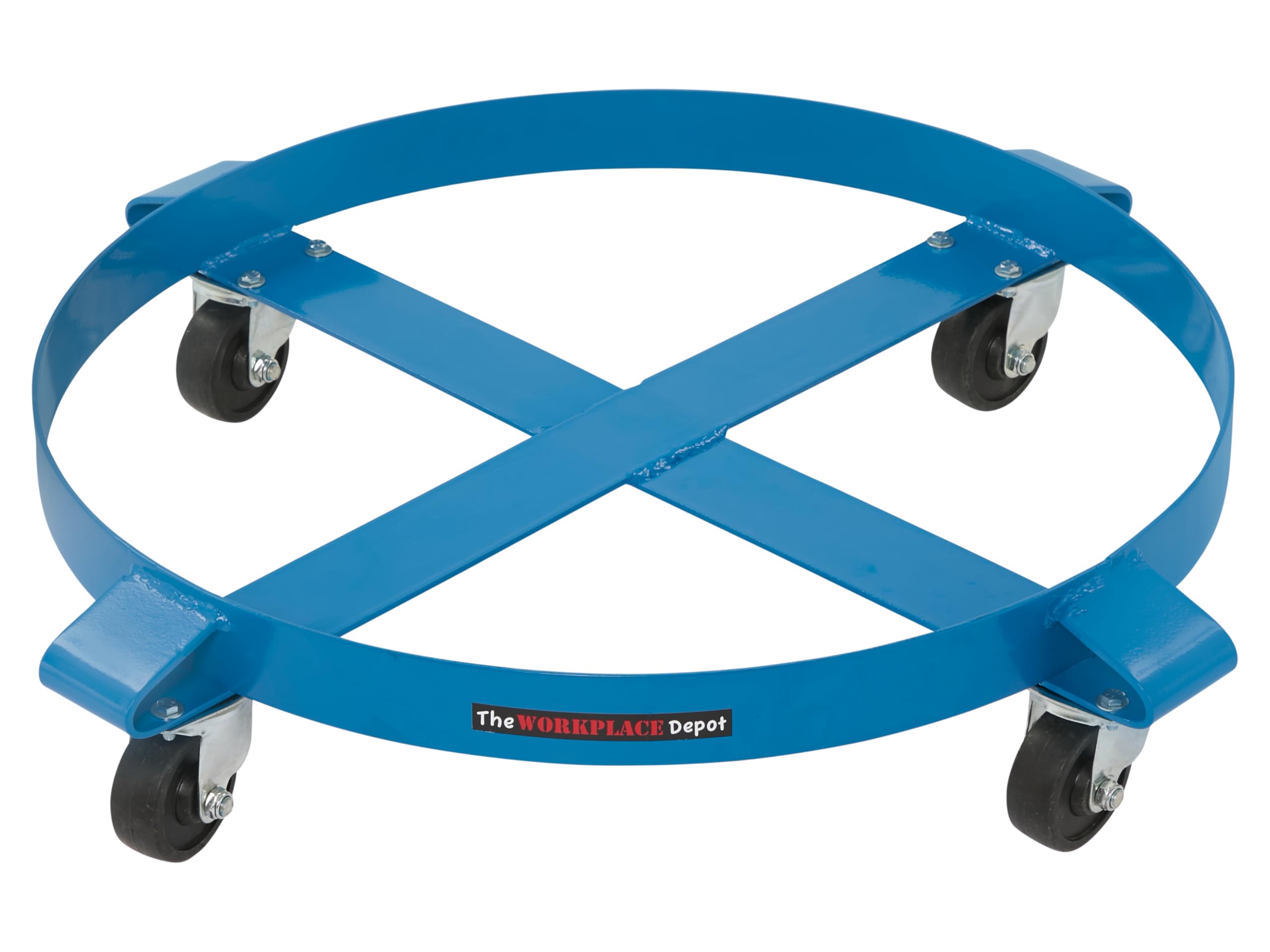 The Workplace Depot Blue Drum Dolly, Heavy Duty Powder Coated Steel Barrel Cart For 200L (55 Gallon) Drums On 4 Swivel Castors With Cross Braces For Workshops, Factories, Warehouses