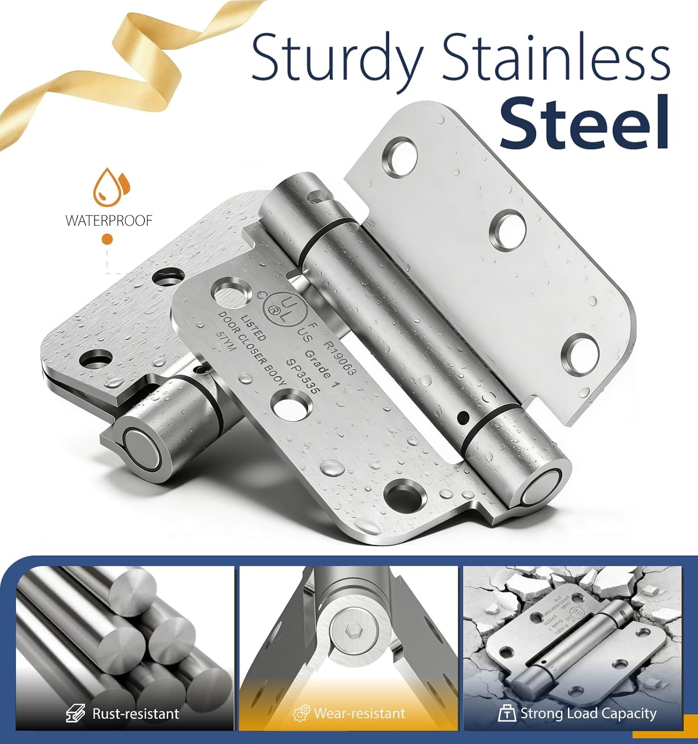 4-Pack Self Closing Door Hinges, 3.5 Inch Spring Loaded Door Hinges, Adjustable Tension for Exterior,Garage, Front Back Door,Left Right Hand Door, 5/8'' Radius Corners,UL Listed,Brushed Nickel