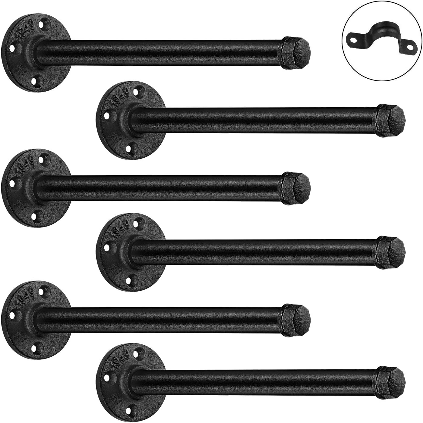 12 inch Industrial Black Iron Pipe Shelf Brackets Set of 6