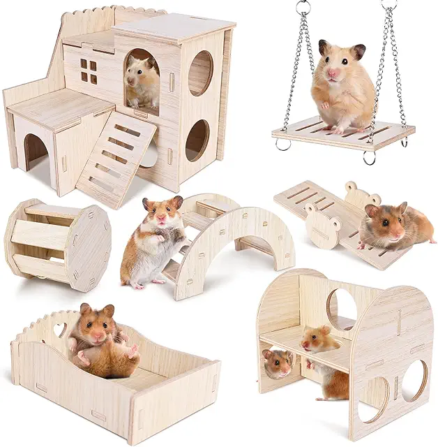 BYZESTY 7-teiliges DIY Hamsterhaus aus Holz - Hamsterterrarium Spielzeug