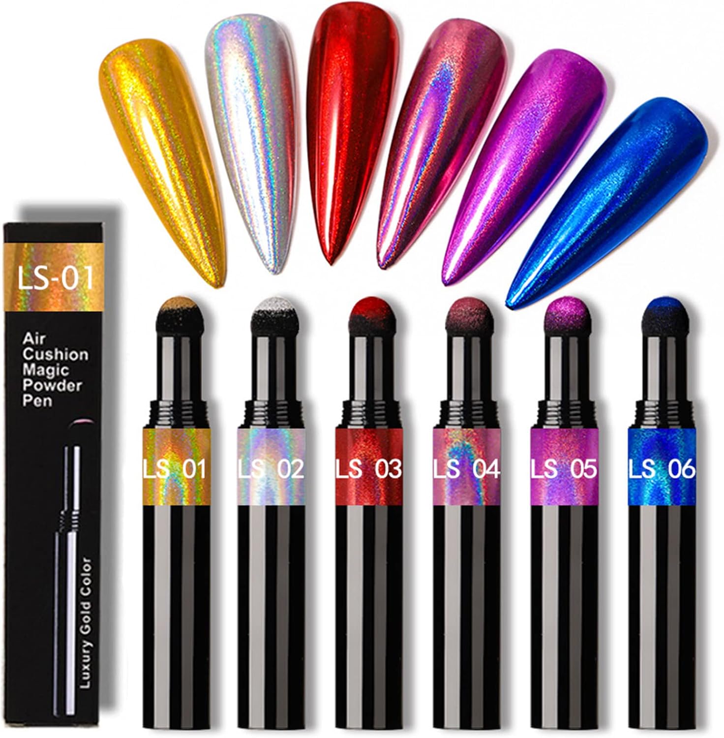 RoseFlower 6 Pcs Chrome Nail Powder Pen Air Cushion Pen