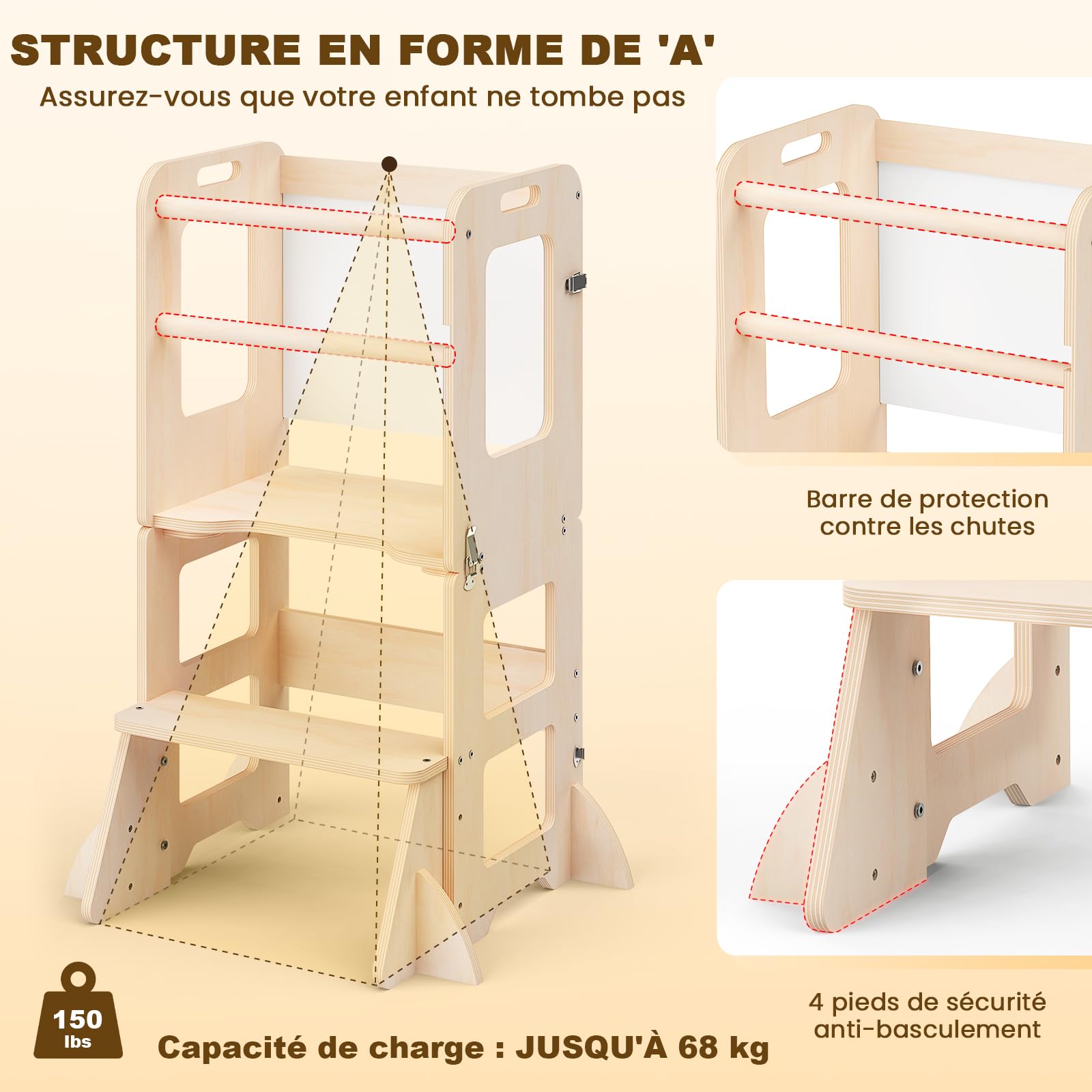 Torre Montessoriana Bambini da 1 Anno, 4 in 1 Torre Montessoriana Pieghevole per L'Apprendimento in Piedi, Torre Montessori con Lavagna e Lavagna Bianca, Regalo per Bambini e Bambine da 1 a 3 Anni