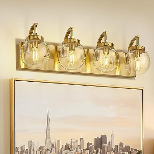 Miniatura 10 de Beionxii BX-VL03BG-3CG - Lámpara de tocador de baño de 3 luces de oro cepillado, modernas luces de tocador con pantalla de vidrio transparente,