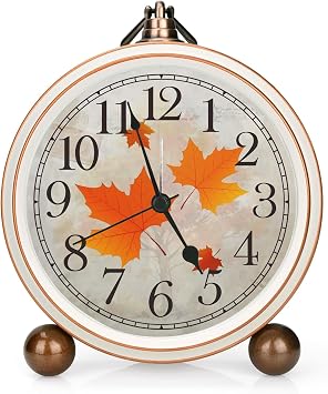 Classic Vintage Table Clock - 5.2in Analog Desk Clock, Silent Non-Ticking Clock with Distressed Metal Frame for Office, Living Room or Bedroom Maple-Leaf