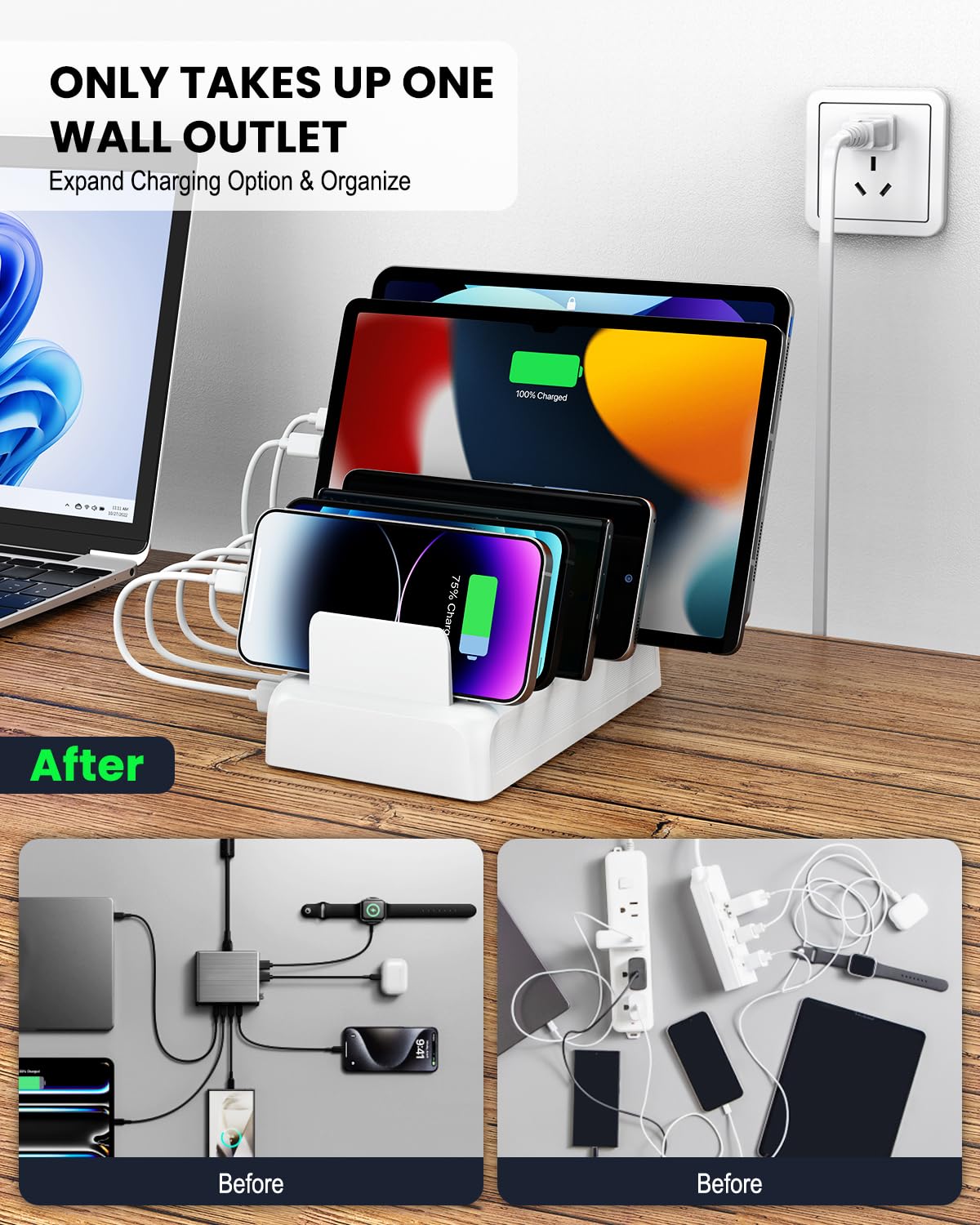 Stazione di ricarica per più dispositivi, 50 W, 6 porte, stazione di ricarica rapida per iPhone, iPad, cellulare, tablet, stazione di ricarica multi-dispositivo con 6 cavi di ricarica