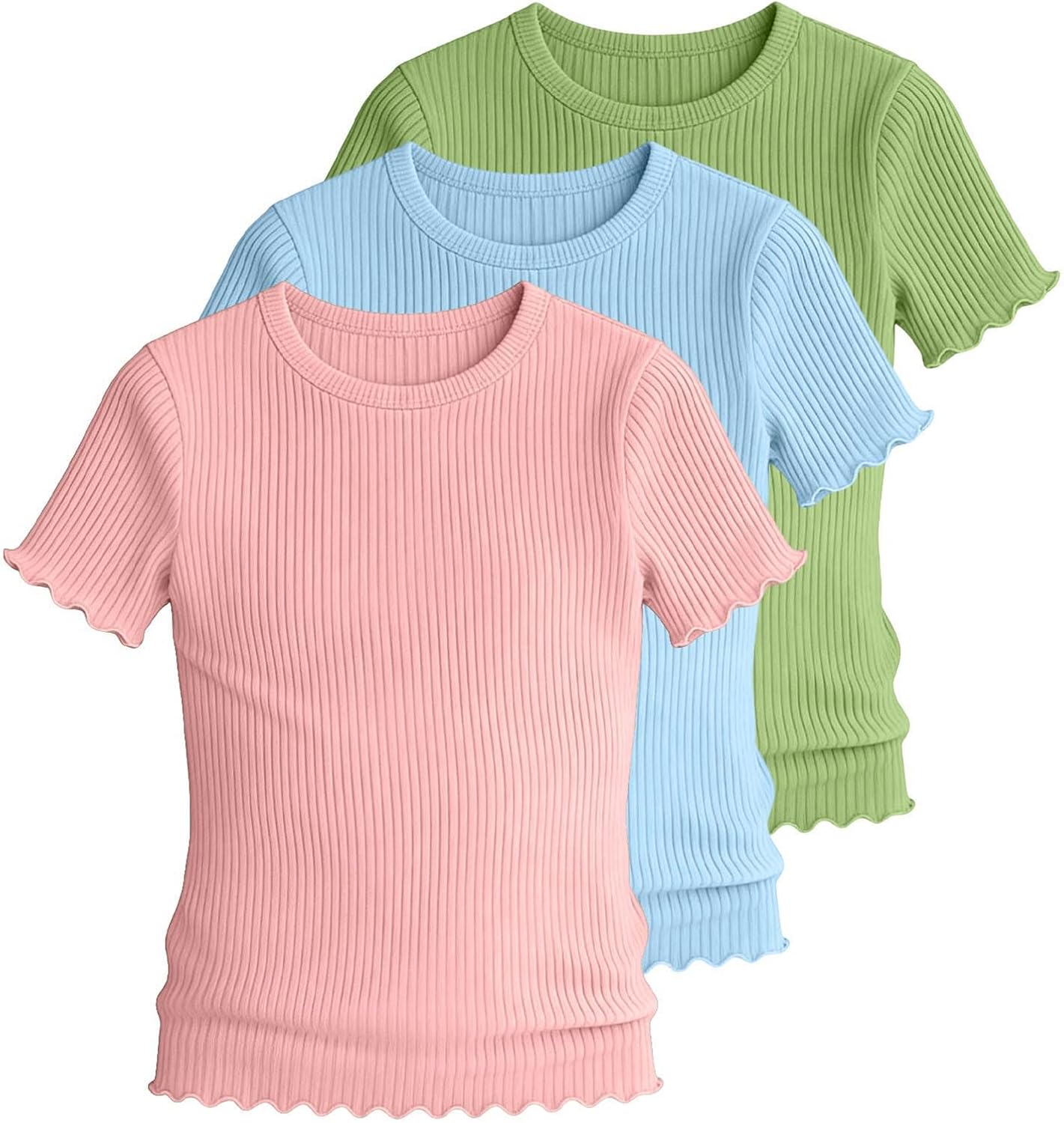 Girls Ribbed Knit T-Shirts 3 Pack Crew Neck Short Sleeve with Scalloped Trim Slim Fit Soft Stretchy Casual Tee Tops for Kids